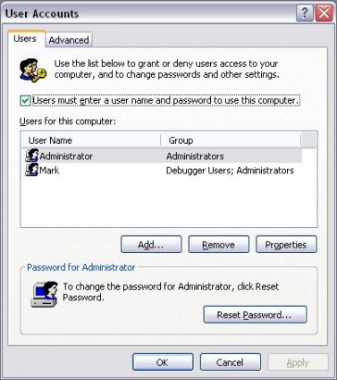 שליטה בהרשאות משתמשים. חלונית Control Userpasswords